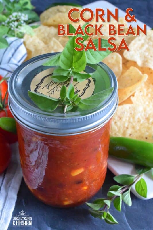 Corn and Black Bean Salsa not only includes all of your favourite salsa ingredients like tomatoes, peppers, and onions, but also has jalapenos, canned corn, and canned black beans too. Using a water bath canning method, it's easy to stock your pantry with this bright and fresh salsa recipe! #corn #blackbean #salsa #homemade #canned