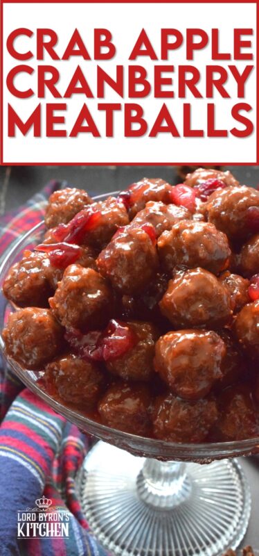 Serve these Crab Apple Cranberry Meatballs as a holiday appetizer and watch just how quickly they disappear! Store-bought frozen meatballs are paired with frozen cranberries, apple juice, and a jar of jelly to make a very delicious and festive party favourite! #crabapple #meatballs #holiday #appetizers