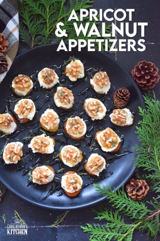 Don't be shy; this appetizer is meant to be eaten in one big bite! Dried Apricot and Walnut Appetizers have combinations of flavours and textures that just make everything all right. Topped with whipped cream cheese and drizzled with honey, these are simply delectable! #walnut #apricot #christmas #holiday #nobake #appetizer