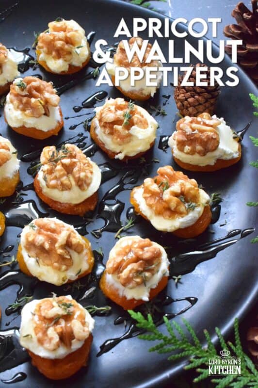 Don't be shy; this appetizer is meant to be eaten in one big bite! Dried Apricot and Walnut Appetizers have combinations of flavours and textures that just make everything all right. Topped with whipped cream cheese and drizzled with honey, these are simply delectable! #walnut #apricot #christmas #holiday #nobake #appetizer