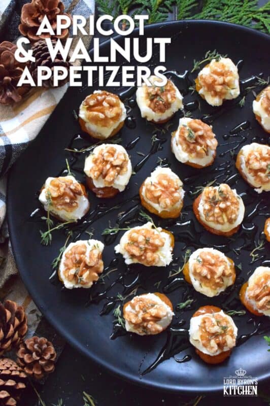 Don't be shy; this appetizer is meant to be eaten in one big bite! Dried Apricot and Walnut Appetizers have combinations of flavours and textures that just make everything all right. Topped with whipped cream cheese and drizzled with honey, these are simply delectable! #walnut #apricot #christmas #holiday #nobake #appetizer