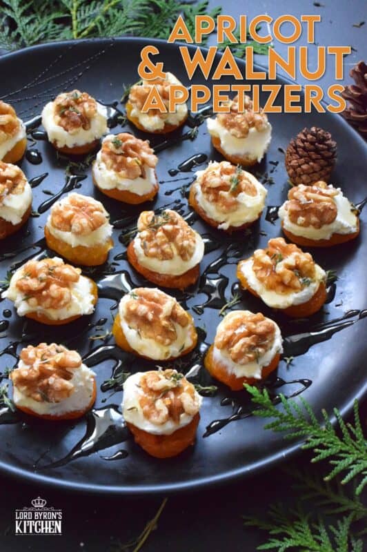 Don't be shy; this appetizer is meant to be eaten in one big bite! Dried Apricot and Walnut Appetizers have combinations of flavours and textures that just make everything all right. Topped with whipped cream cheese and drizzled with honey, these are simply delectable! #walnut #apricot #christmas #holiday #nobake #appetizer