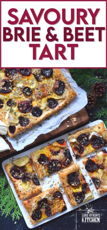The combination of roasted beets, walnuts, and cheese is unbeatable! This Savoury Brie and Beet Tart has all three of those ingredients baked on a light and fluffy puff pastry, drizzled with honey, and topped with fresh herbs. It's hard to eat just one slice! #beets #brie #cheese #tart #appetizer #holiday