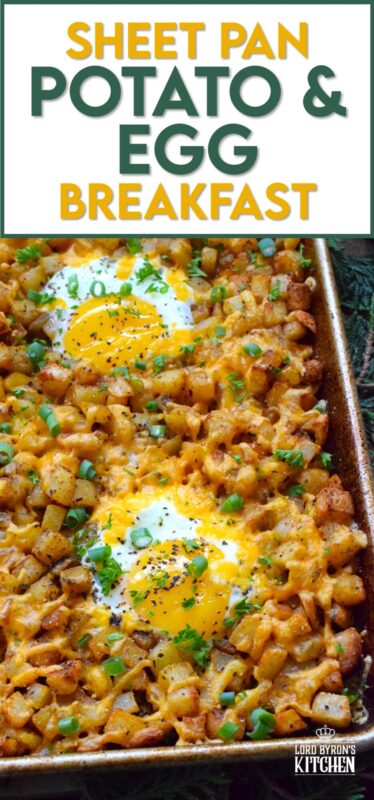 A one-pan breakfast recipe to feed a hungry and excited family is exactly what this Sheet Pan Potato and Egg Breakfast is all about! Frozen shredded hash browns are seasoned and baked in butter while eggs are cracked right on top with lots of shredded cheese. Who wouldn’t want this for breakfast on Christmas morning? #breakfast #brunch #sheetpan #hashbrowns #eggs