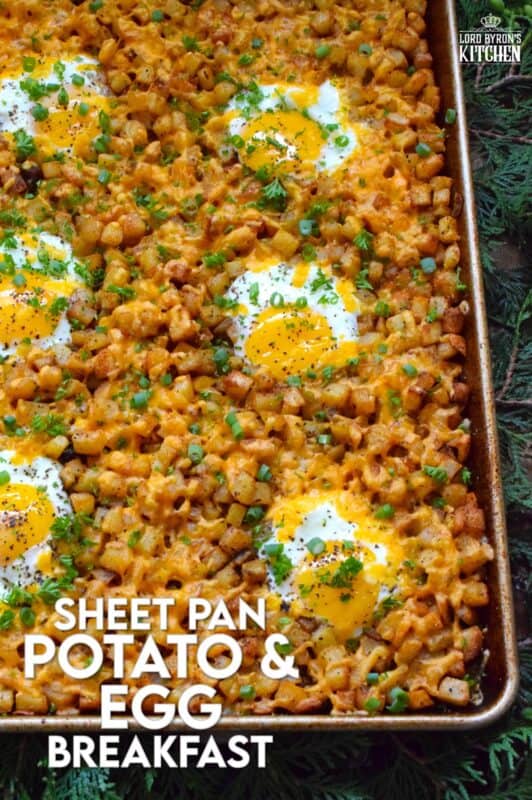 A one-pan breakfast recipe to feed a hungry and excited family is exactly what this Sheet Pan Potato and Egg Breakfast is all about! Frozen shredded hash browns are seasoned and baked in butter while eggs are cracked right on top with lots of shredded cheese. Who wouldn’t want this for breakfast on Christmas morning? #breakfast #brunch #sheetpan #hashbrowns #eggs