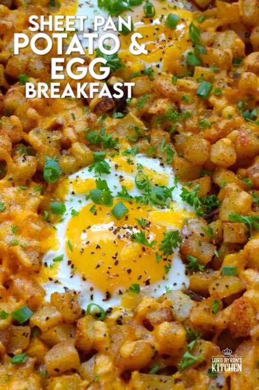 A one-pan breakfast recipe to feed a hungry and excited family is exactly what this Sheet Pan Potato and Egg Breakfast is all about! Frozen shredded hash browns are seasoned and baked in butter while eggs are cracked right on top with lots of shredded cheese. Who wouldn’t want this for breakfast on Christmas morning? #breakfast #brunch #sheetpan #hashbrowns #eggs