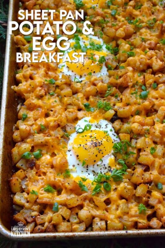 A one-pan breakfast recipe to feed a hungry and excited family is exactly what this Sheet Pan Potato and Egg Breakfast is all about! Frozen shredded hash browns are seasoned and baked in butter while eggs are cracked right on top with lots of shredded cheese. Who wouldn’t want this for breakfast on Christmas morning? #breakfast #brunch #sheetpan #hashbrowns #eggs