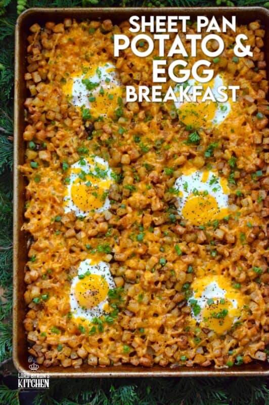 A one-pan breakfast recipe to feed a hungry and excited family is exactly what this Sheet Pan Potato and Egg Breakfast is all about! Frozen shredded hash browns are seasoned and baked in butter while eggs are cracked right on top with lots of shredded cheese. Who wouldn’t want this for breakfast on Christmas morning? #breakfast #brunch #sheetpan #hashbrowns #eggs