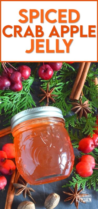 Easily transform those overly tart backyard crab apples into the most delicious Spiced Crab Apple Jelly! All you need are crab apples, water, sugar, and a few spices! This jelly is sweet and tart and has a strong crab apple flavour.  With the addition of cinnamon, nutmeg, allspice, and ginger, the taste is warming and comforting too. #crabapple #apple #jelly