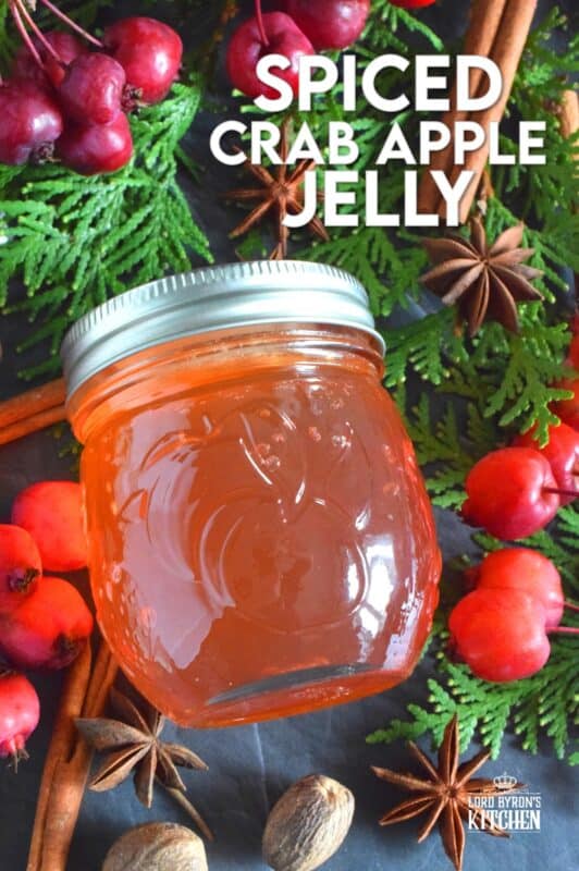 Easily transform those overly tart backyard crab apples into the most delicious Spiced Crab Apple Jelly! All you need are crab apples, water, sugar, and a few spices! This jelly is sweet and tart and has a strong crab apple flavour.  With the addition of cinnamon, nutmeg, allspice, and ginger, the taste is warming and comforting too. #crabapple #apple #jelly