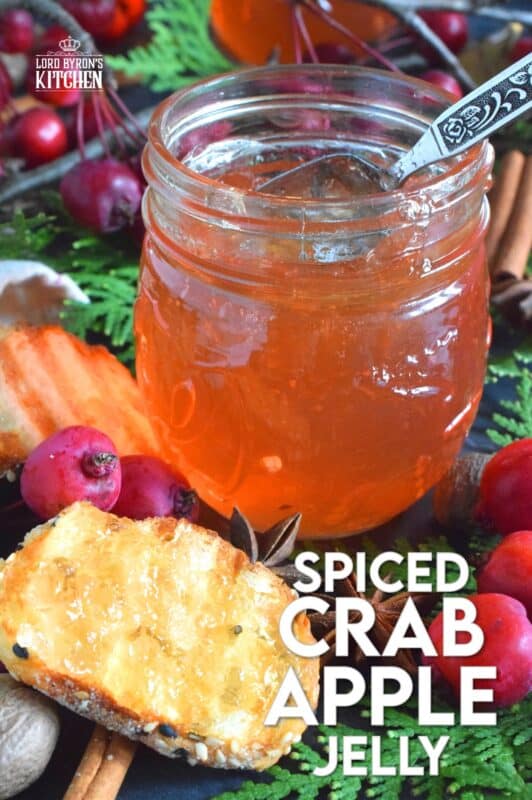Easily transform those overly tart backyard crab apples into the most delicious Spiced Crab Apple Jelly! All you need are crab apples, water, sugar, and a few spices! This jelly is sweet and tart and has a strong crab apple flavour.  With the addition of cinnamon, nutmeg, allspice, and ginger, the taste is warming and comforting too. #crabapple #apple #jelly