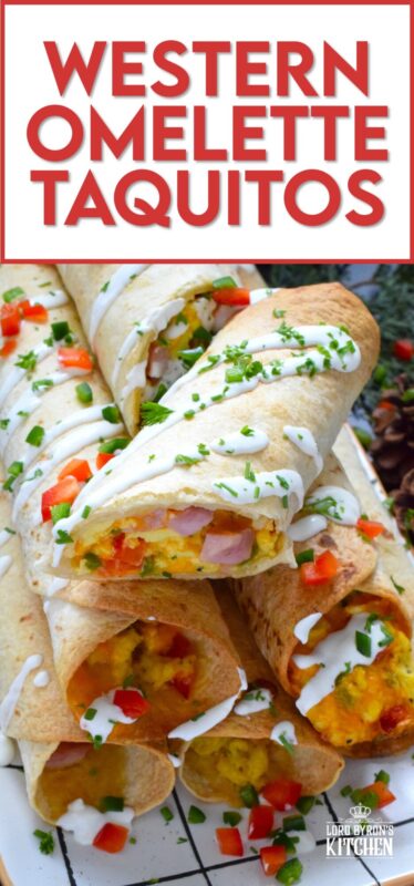 Eggs, bell peppers, onions, shredded cheese, and chopped cooked ham are the ingredients that make up the popular Western Omelette breakfast.  For these taquitos, the omelette was fully prepared, rolled in a flour tortilla and baked until golden brown.  These make a delicious breakfast that can easily be prepared in advance and frozen. #western #omelette #taquitos #breakfast