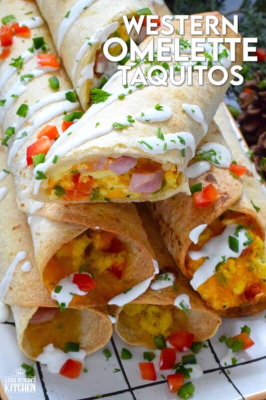 Eggs, bell peppers, onions, shredded cheese, and chopped cooked ham are the ingredients that make up the popular Western Omelette breakfast.  For these taquitos, the omelette was fully prepared, rolled in a flour tortilla and baked until golden brown.  These make a delicious breakfast that can easily be prepared in advance and frozen. #western #omelette #taquitos #breakfast