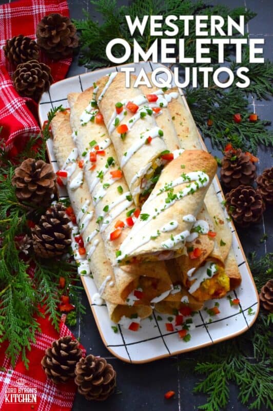 Eggs, bell peppers, onions, shredded cheese, and chopped cooked ham are the ingredients that make up the popular Western Omelette breakfast.  For these taquitos, the omelette was fully prepared, rolled in a flour tortilla and baked until golden brown.  These make a delicious breakfast that can easily be prepared in advance and frozen. #western #omelette #taquitos #breakfast