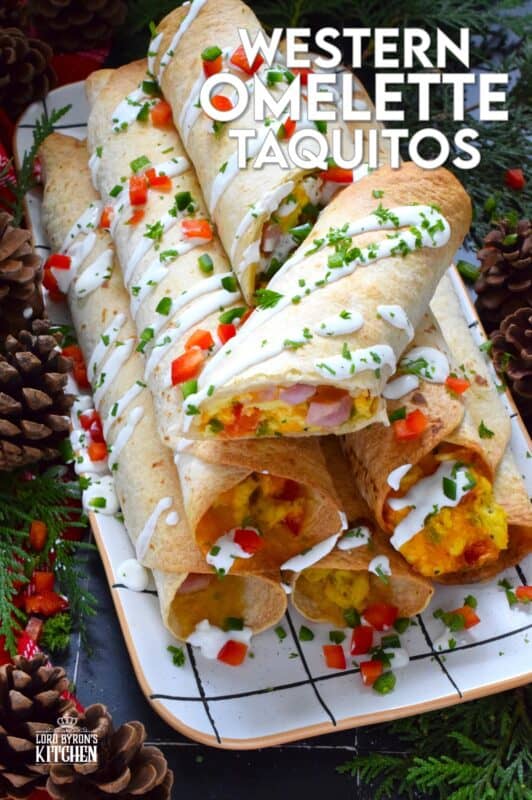 Eggs, bell peppers, onions, shredded cheese, and chopped cooked ham are the ingredients that make up the popular Western Omelette breakfast.  For these taquitos, the omelette was fully prepared, rolled in a flour tortilla and baked until golden brown.  These make a delicious breakfast that can easily be prepared in advance and frozen. #western #omelette #taquitos #breakfast