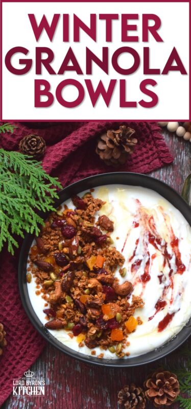 Almonds, cashews, pecans, pumpkin seeds, cranberries, and apricots help to flavour and bulk up homemade granola. Baked with maple syrup and butter, and seasoned with cinnamon, nutmeg, and allspice, these Winter Granola Bowls are healthy, warming, and filling too! #granola #breakfast #bowls #spiced