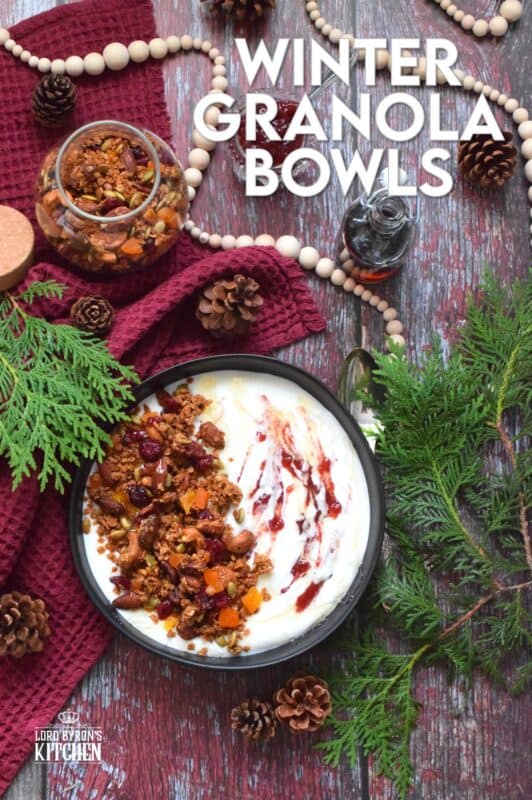 Almonds, cashews, pecans, pumpkin seeds, cranberries, and apricots help to flavour and bulk up homemade granola. Baked with maple syrup and butter, and seasoned with cinnamon, nutmeg, and allspice, these Winter Granola Bowls are healthy, warming, and filling too! #granola #breakfast #bowls #spiced