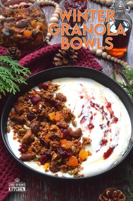 Almonds, cashews, pecans, pumpkin seeds, cranberries, and apricots help to flavour and bulk up homemade granola. Baked with maple syrup and butter, and seasoned with cinnamon, nutmeg, and allspice, these Winter Granola Bowls are healthy, warming, and filling too! #granola #breakfast #bowls #spiced