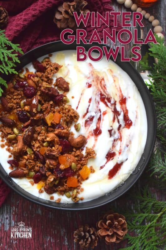 Almonds, cashews, pecans, pumpkin seeds, cranberries, and apricots help to flavour and bulk up homemade granola. Baked with maple syrup and butter, and seasoned with cinnamon, nutmeg, and allspice, these Winter Granola Bowls are healthy, warming, and filling too! #granola #breakfast #bowls #spiced