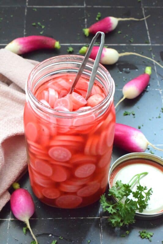 If you've never tried a Quick Pickled Radish, you've been missing out! They are sweet and sour and such a great addition to salads, sandwiches, charcuterie boards, or just snacking right out of the fridge. There is no canning equipment or knowledge required for quick pickling either!