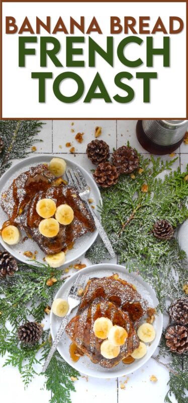Soaked in an egg custard with familiar holiday spices like cinnamon, nutmeg, ginger, and cloves, Banana Bread French Toast is one of the most indulgent, richest, and most comforting foods you'll eat this entire Christmas season! Topped with warm maple syrup, whipped cream and toasted walnuts, it really doesn't get any better! #banana #bread #french #toast #breakfast #christmas