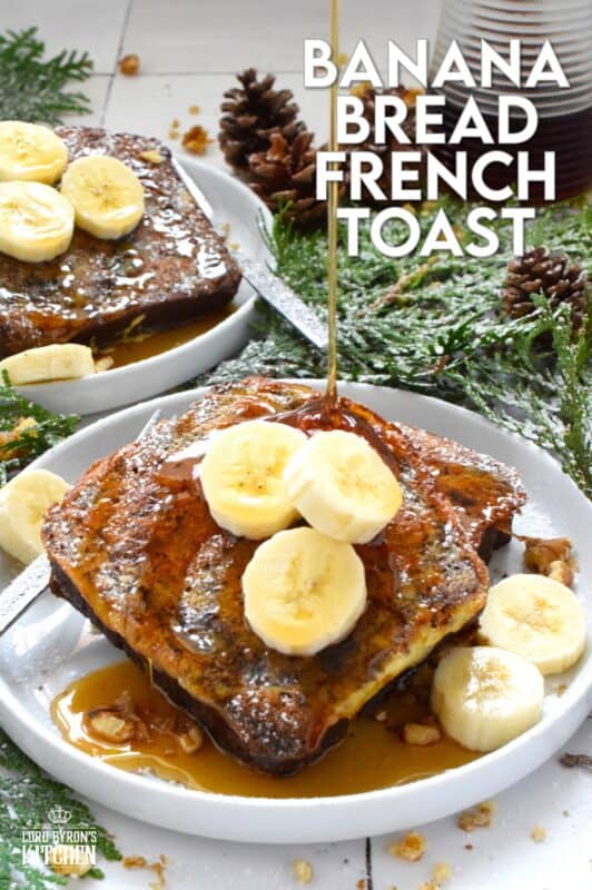 Soaked in an egg custard with familiar holiday spices like cinnamon, nutmeg, ginger, and cloves, Banana Bread French Toast is one of the most indulgent, richest, and most comforting foods you'll eat this entire Christmas season! Topped with warm maple syrup, whipped cream and toasted walnuts, it really doesn't get any better! #banana #bread #french #toast #breakfast #christmas