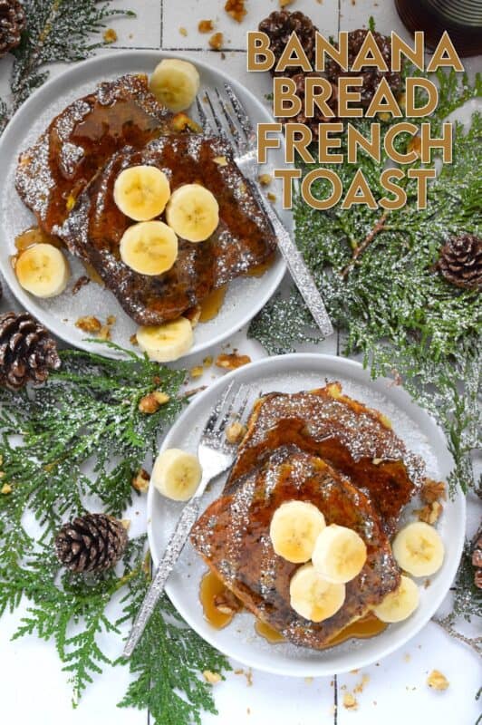 Soaked in an egg custard with familiar holiday spices like cinnamon, nutmeg, ginger, and cloves, Banana Bread French Toast is one of the most indulgent, richest, and most comforting foods you'll eat this entire Christmas season! Topped with warm maple syrup, whipped cream and toasted walnuts, it really doesn't get any better! #banana #bread #french #toast #breakfast #christmas