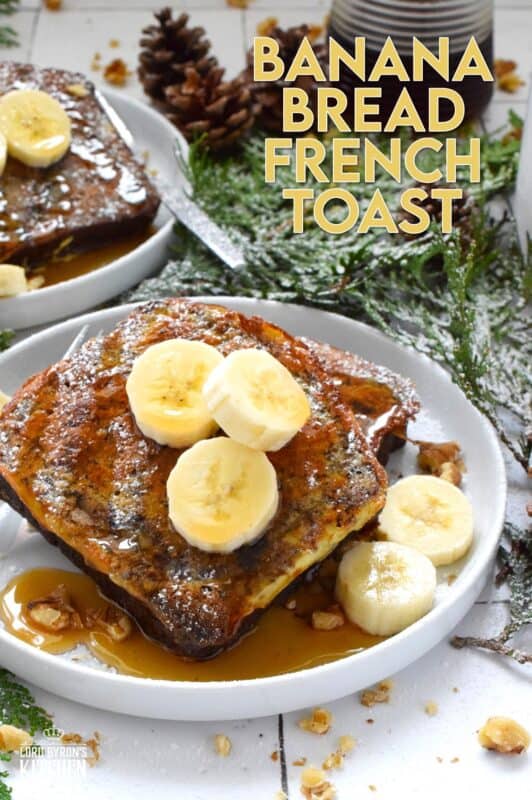 Soaked in an egg custard with familiar holiday spices like cinnamon, nutmeg, ginger, and cloves, Banana Bread French Toast is one of the most indulgent, richest, and most comforting foods you'll eat this entire Christmas season! Topped with warm maple syrup, whipped cream and toasted walnuts, it really doesn't get any better! #banana #bread #french #toast #breakfast #christmas