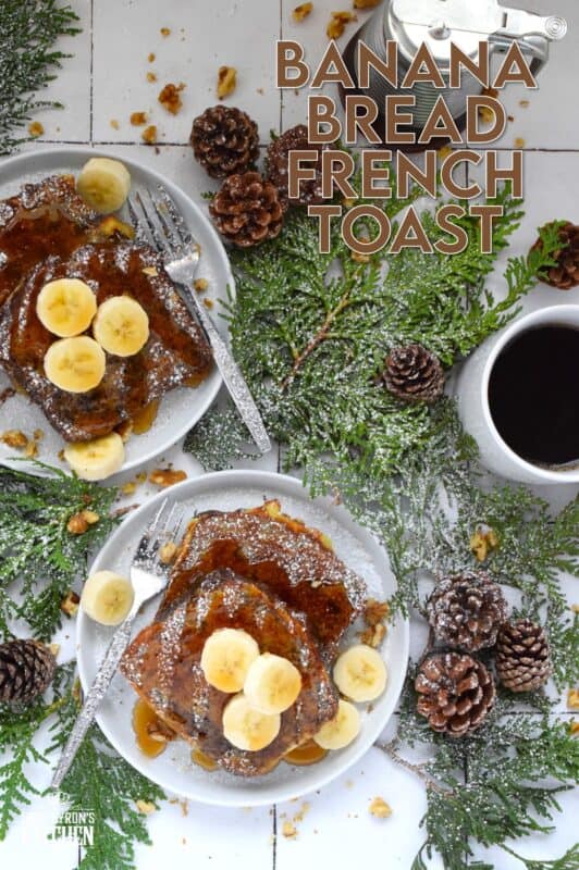 Soaked in an egg custard with familiar holiday spices like cinnamon, nutmeg, ginger, and cloves, Banana Bread French Toast is one of the most indulgent, richest, and most comforting foods you'll eat this entire Christmas season! Topped with warm maple syrup, whipped cream and toasted walnuts, it really doesn't get any better! #banana #bread #french #toast #breakfast #christmas