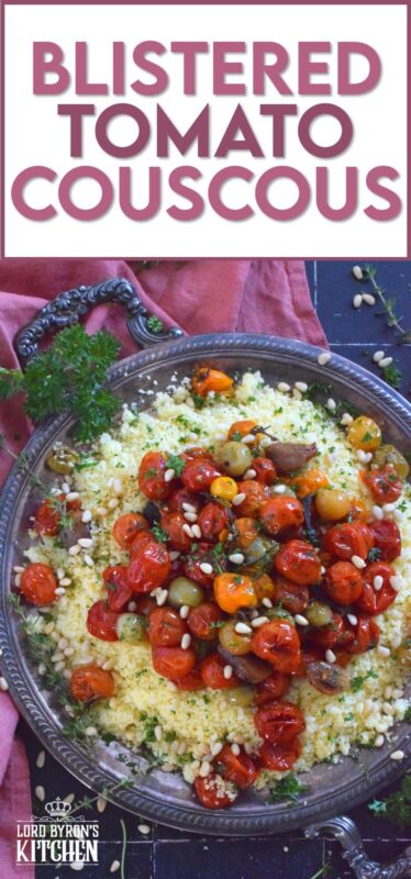 Summer fresh cherry tomatoes are slowly roasted with garlic, onions, and herbs in olive oil until the skins have blistered. Spoon over cooked couscous and sprinkle with pinenuts for a delicous, comforting, and filling main or side! #couscous #confit #tomato #roasted