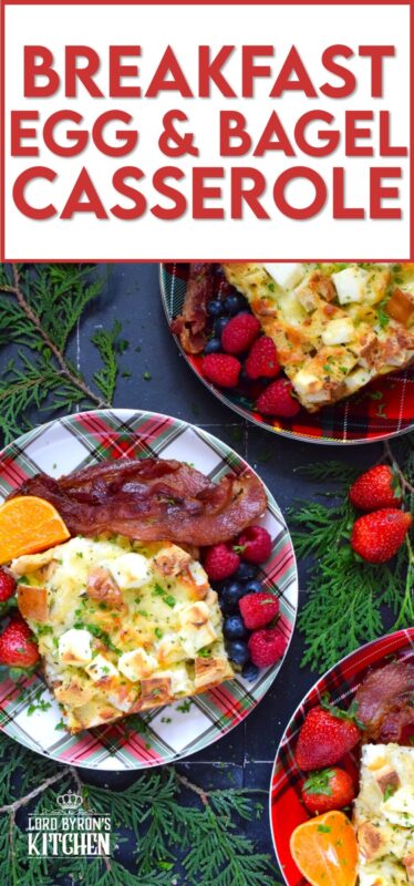 A casserole is one of the easiest ways to serve a filling and hearty breakfast on Christmas morning. Prepared with eggs, bagels, bacon, and cheese, and refrigerated overnight, presenting a delicious breakfast on an exciting and busy morning couldn't be easier! #casserole #breakfast #holiday #makeahead