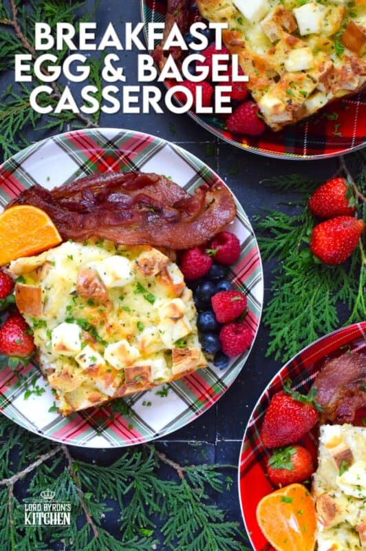 A casserole is one of the easiest ways to serve a filling and hearty breakfast on Christmas morning. Prepared with eggs, bagels, bacon, and cheese, and refrigerated overnight, presenting a delicious breakfast on an exciting and busy morning couldn't be easier! #casserole #breakfast #holiday #makeahead