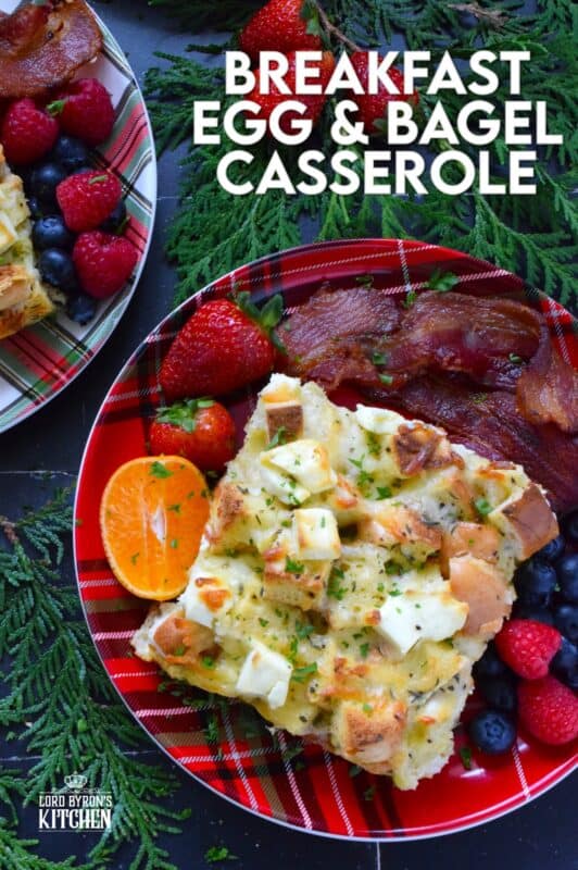 A casserole is one of the easiest ways to serve a filling and hearty breakfast on Christmas morning. Prepared with eggs, bagels, bacon, and cheese, and refrigerated overnight, presenting a delicious breakfast on an exciting and busy morning couldn't be easier! #casserole #breakfast #holiday #makeahead