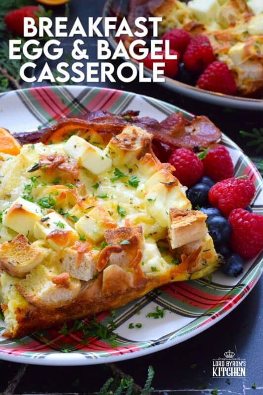 A casserole is one of the easiest ways to serve a filling and hearty breakfast on Christmas morning. Prepared with eggs, bagels, bacon, and cheese, and refrigerated overnight, presenting a delicious breakfast on an exciting and busy morning couldn't be easier! #casserole #breakfast #holiday #makeahead