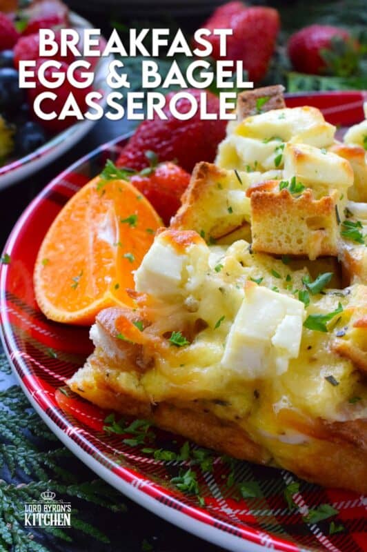 A casserole is one of the easiest ways to serve a filling and hearty breakfast on Christmas morning. Prepared with eggs, bagels, bacon, and cheese, and refrigerated overnight, presenting a delicious breakfast on an exciting and busy morning couldn't be easier! #casserole #breakfast #holiday #makeahead