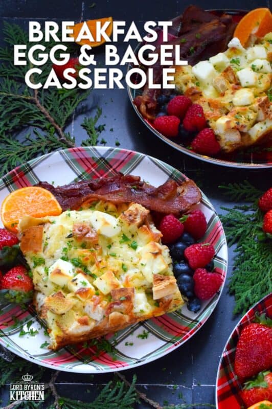 A casserole is one of the easiest ways to serve a filling and hearty breakfast on Christmas morning. Prepared with eggs, bagels, bacon, and cheese, and refrigerated overnight, presenting a delicious breakfast on an exciting and busy morning couldn't be easier! #casserole #breakfast #holiday #makeahead