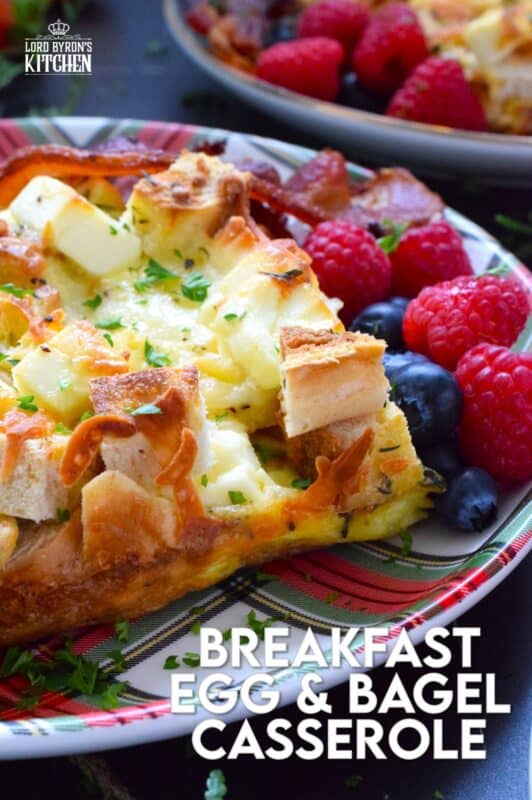 A casserole is one of the easiest ways to serve a filling and hearty breakfast on Christmas morning. Prepared with eggs, bagels, bacon, and cheese, and refrigerated overnight, presenting a delicious breakfast on an exciting and busy morning couldn't be easier! #casserole #breakfast #holiday #makeahead