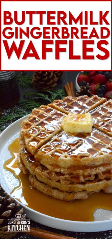 If Christmas had a flavour, it would be gingerbread, so let's start the day off right with these light and airy Buttermilk Gingerbread Waffles! These super easy-to-prepare homemade waffles are piled high and generously dressed with warm syrup and a pat of butter. #waffles #gingerbread #christmas #breakfast