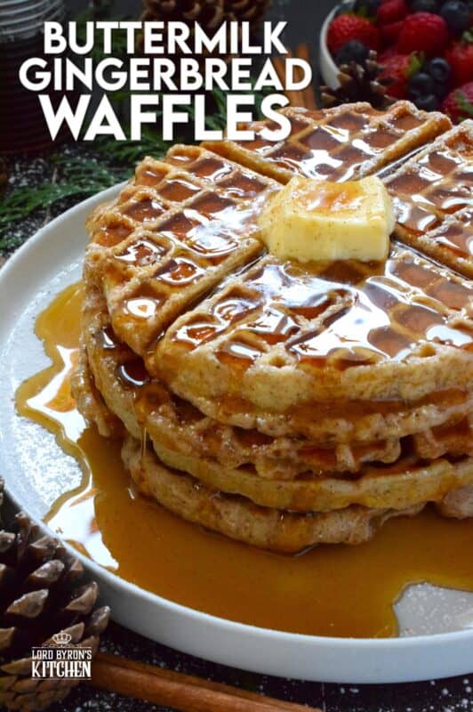 If Christmas had a flavour, it would be gingerbread, so let's start the day off right with these light and airy Buttermilk Gingerbread Waffles! These super easy-to-prepare homemade waffles are piled high and generously dressed with warm syrup and a pat of butter. #waffles #gingerbread #christmas #breakfast