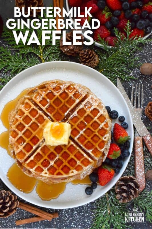 If Christmas had a flavour, it would be gingerbread, so let's start the day off right with these light and airy Buttermilk Gingerbread Waffles! These super easy-to-prepare homemade waffles are piled high and generously dressed with warm syrup and a pat of butter. #waffles #gingerbread #christmas #breakfast