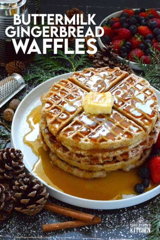If Christmas had a flavour, it would be gingerbread, so let's start the day off right with these light and airy Buttermilk Gingerbread Waffles! These super easy-to-prepare homemade waffles are piled high and generously dressed with warm syrup and a pat of butter. #waffles #gingerbread #christmas #breakfast