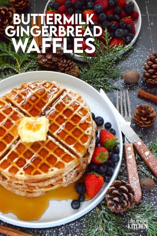 If Christmas had a flavour, it would be gingerbread, so let's start the day off right with these light and airy Buttermilk Gingerbread Waffles! These super easy-to-prepare homemade waffles are piled high and generously dressed with warm syrup and a pat of butter. #waffles #gingerbread #christmas #breakfast
