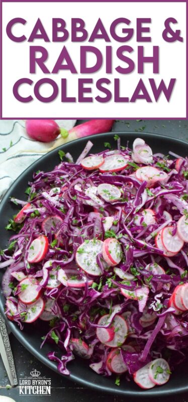 Fresh, crunchy red cabbage and peppery radish is paired with red onions to make this beautifully pink and purple Cabbage and Radish Coleslaw. Tossed with a homemade oil and vinegar dressing, this coleslaw is the epitome of fresh is best, and simple is better. #coleslaw #radish #cabbage #pinkandpurple