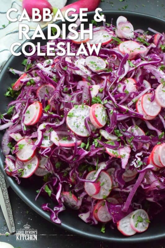 Fresh, crunchy red cabbage and peppery radish is paired with red onions to make this beautifully pink and purple Cabbage and Radish Coleslaw. Tossed with a homemade oil and vinegar dressing, this coleslaw is the epitome of fresh is best, and simple is better. #coleslaw #radish #cabbage #pinkandpurple