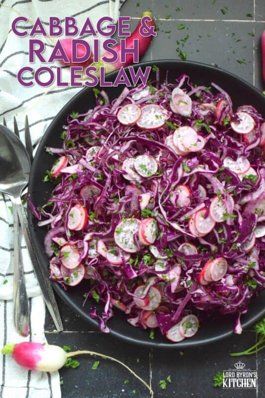 Fresh, crunchy red cabbage and peppery radish is paired with red onions to make this beautifully pink and purple Cabbage and Radish Coleslaw. Tossed with a homemade oil and vinegar dressing, this coleslaw is the epitome of fresh is best, and simple is better. #coleslaw #radish #cabbage #pinkandpurple