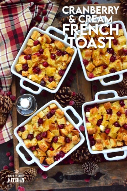 The ultimate comfort food for breakfast at Christmastime is this Cranberry and Cream French Toast.  Prepared the night before, making breakfast or brunch a cinch, brioche bread is layered with cranberries and cream cheese and soaked in a custard made with cream, maple syrup, vanilla, and nutmeg.  A holiday breakfast doesn't get any tastier than this! #frenchtoast #cranberries #breakfast #christmas #holiday 