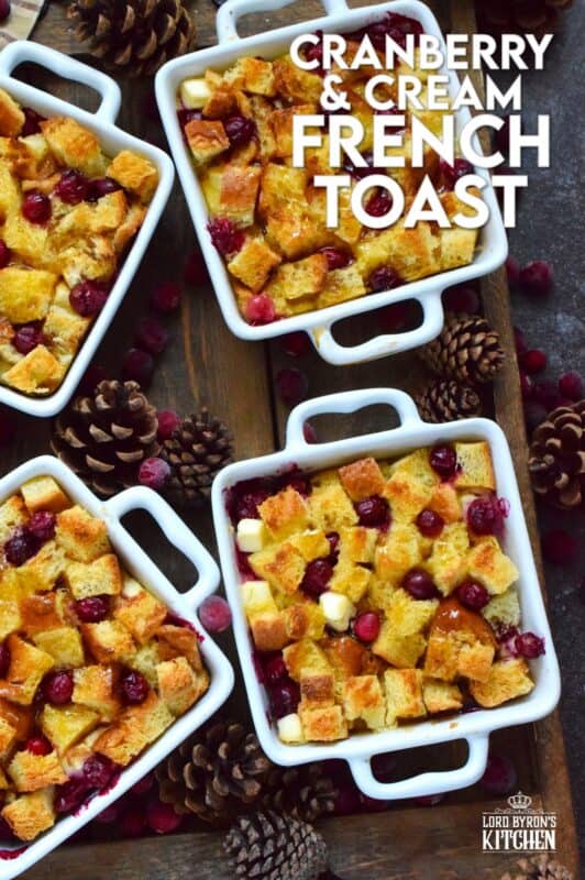 The ultimate comfort food for breakfast at Christmastime is this Cranberry and Cream French Toast.  Prepared the night before, making breakfast or brunch a cinch, brioche bread is layered with cranberries and cream cheese and soaked in a custard made with cream, maple syrup, vanilla, and nutmeg.  A holiday breakfast doesn't get any tastier than this! #frenchtoast #cranberries #breakfast #christmas #holiday 