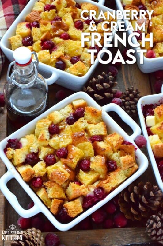 The ultimate comfort food for breakfast at Christmastime is this Cranberry and Cream French Toast.  Prepared the night before, making breakfast or brunch a cinch, brioche bread is layered with cranberries and cream cheese and soaked in a custard made with cream, maple syrup, vanilla, and nutmeg.  A holiday breakfast doesn't get any tastier than this! #frenchtoast #cranberries #breakfast #christmas #holiday 