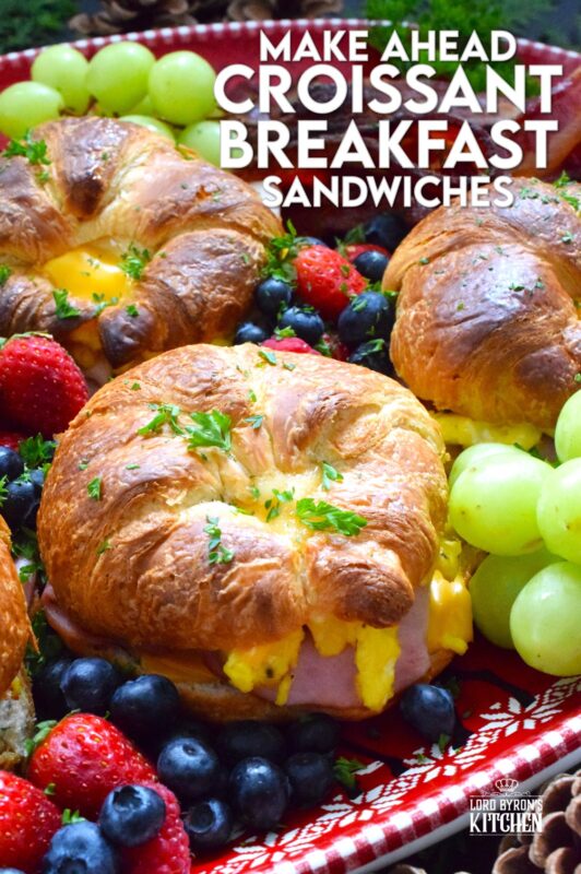 Prepared with scrambled eggs, ham, and lots of melting cheese, these Make Ahead Croissant Sandwiches can be prepared weeks in advance.  These are so delicious, you might want to make them often, not just for Christmas morning! #croissant #breakfast #sandwich #makeahead