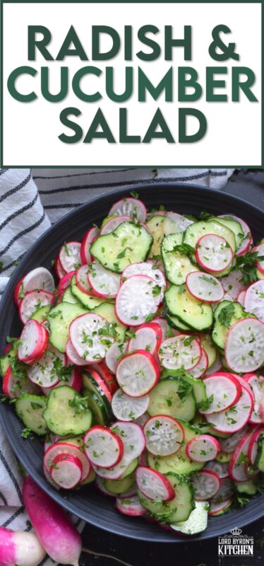 This light and refreshing salad is prepared with summer fresh cucumbers and radishes. Tossed in a quick and easy, seasoned homemade oil and vinegar dressing, this Radish and Cucumber Salad is loaded with crunch and texture. Can be prepared a day or two in advance as well!